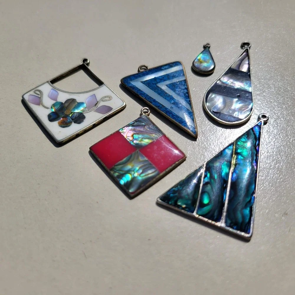 Vintage Alpaca Mexico Shell Inlay Assorted Pendant Lot Geometric Floral